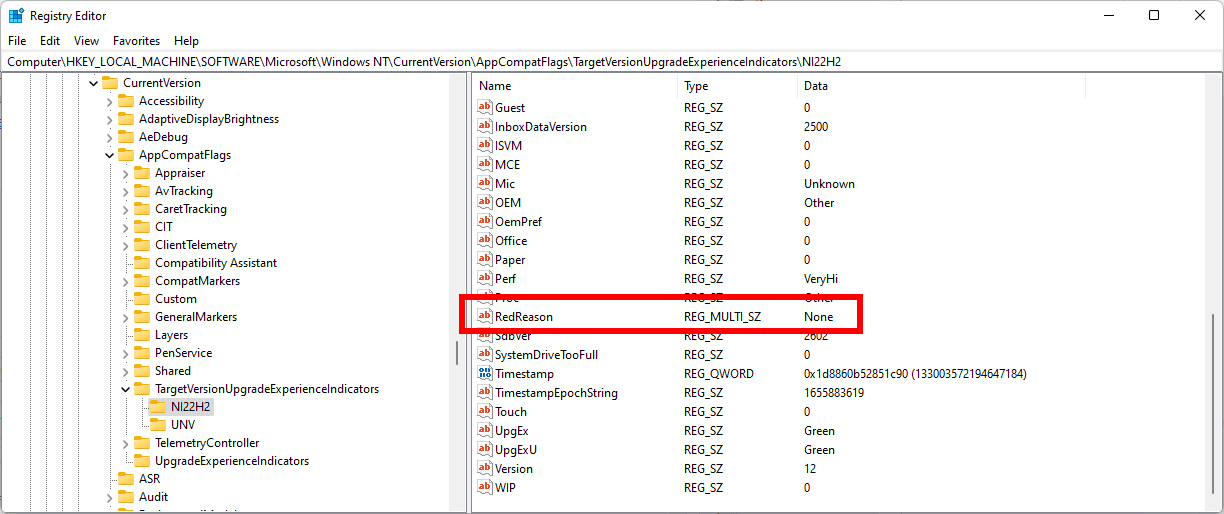 A look in the Registry reveals if your PC is compatible with Windows 11 version 22H2