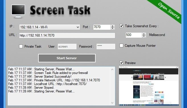شارك شاشة جهاز الكمبيوتر الخاص بك مع أي جهاز كمبيوتر عبر WiFi أو LAN باستخدام ScreenTask 1
