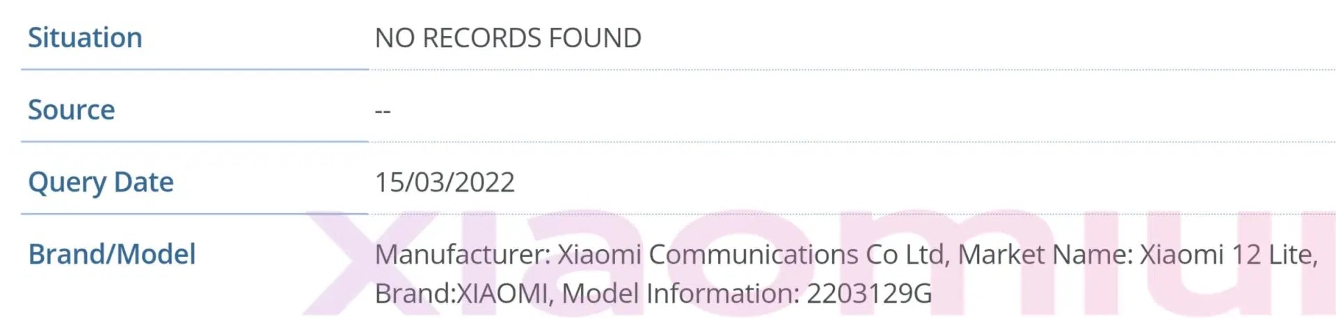 مرور Xiaomi 12 Lite على قاعدة بيانات IMEI