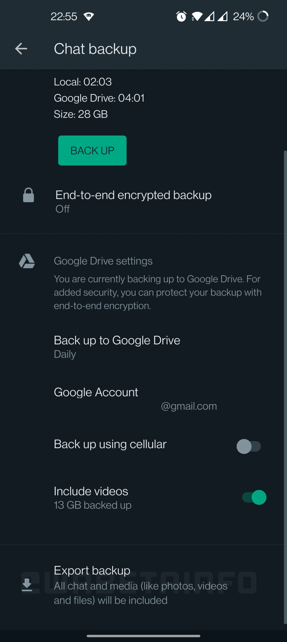whatsapp beta export backup google drive